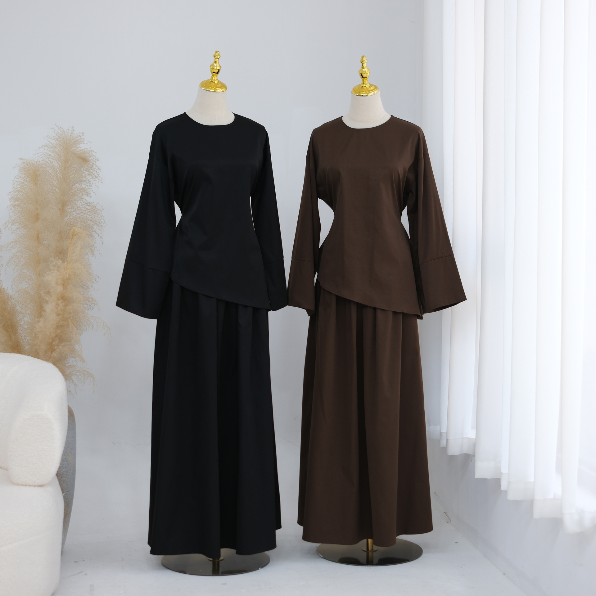 Ensemble 2 Pièces Haut et Jupe pour Femme, Tenue de Fête Musulmane, Blouse et Jupe, avec Ceintures, pour l'Aïd, le Ramadan, style Maroc, Dubaï, Islam, Arabe