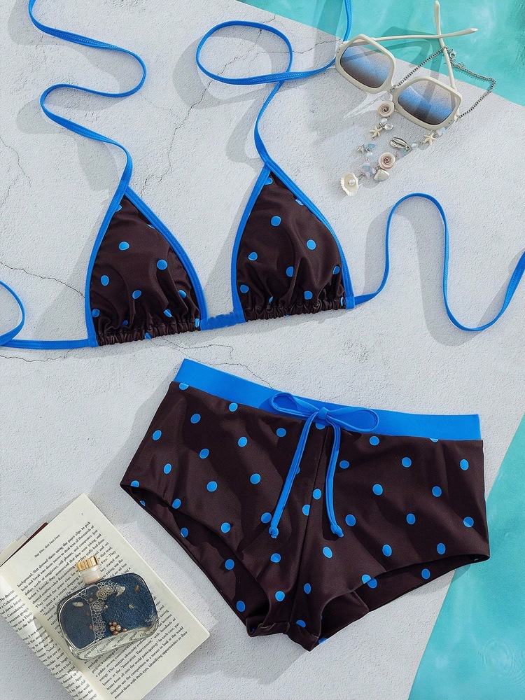 Ensemble bikini brésilien à pois pour femme, haut triangle sexy, dos exposé, bas string à fentes latérales, maillot de bain deux pièces