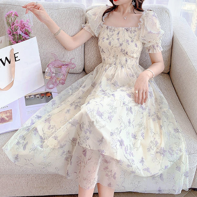 Robe florale vintage en mousseline de soie, mode coréenne élégante, robe d'été française, col carré, manches courtes bouffantes, peinture à l'encre, 20827
