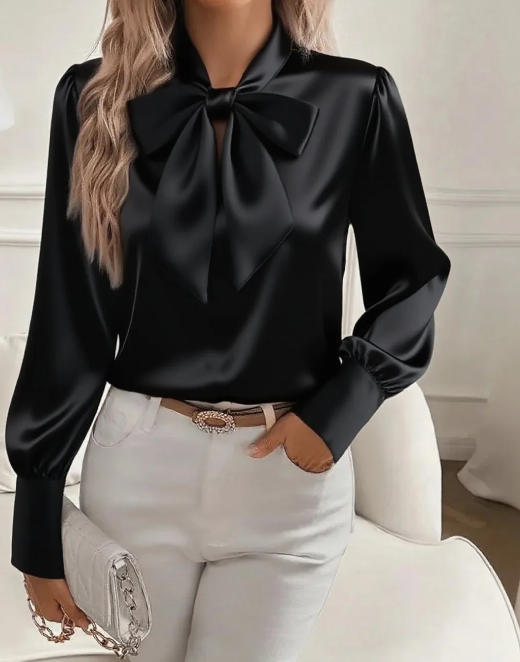 Chemisier en Satin à manches longues pour femmes, élégant, bureau, manches lanternes, doux, décontracté, chemises féminines, couleur unie, minimaliste, automne