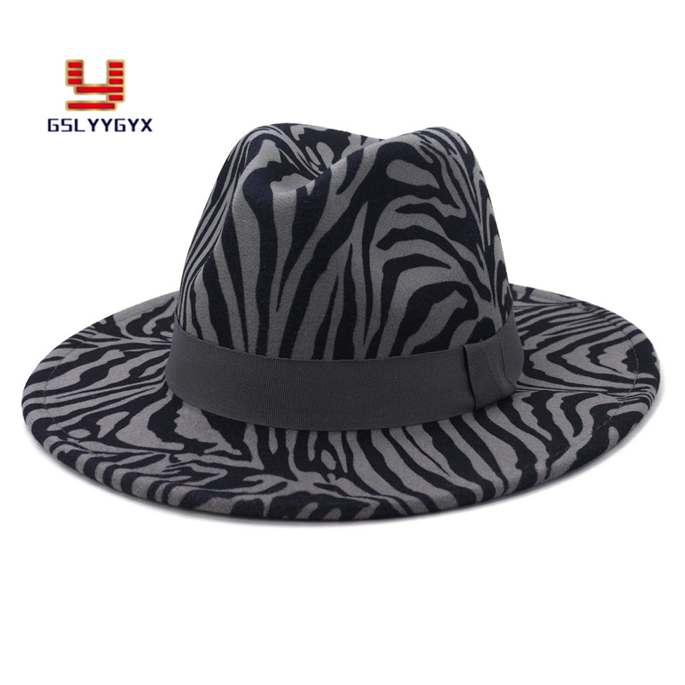Nouveaux hommes femmes motif zèbre gris foncé laine Fedora chapeaux automne hiver européenne américaine mode Jazz fête feutre casquette large bord chapeau de soleil