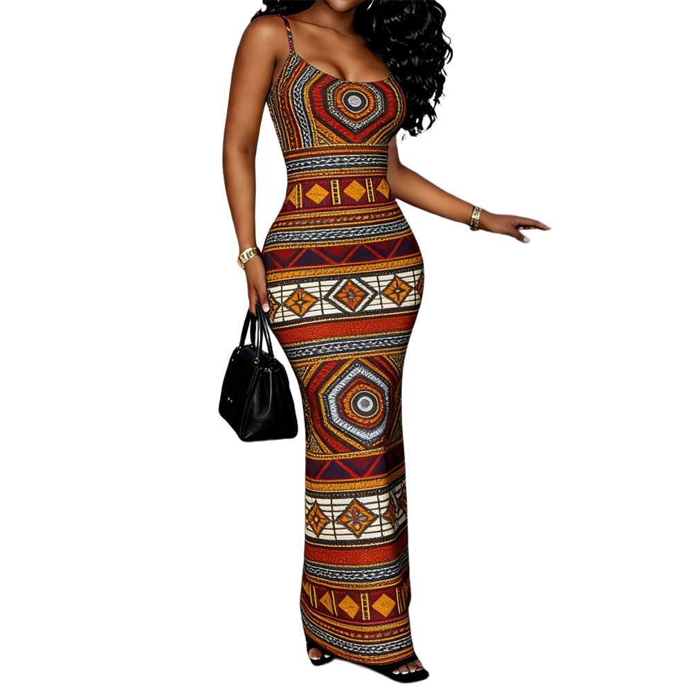 Robe longue décontractée d'été pour femme, élégante, à fines bretelles, en polyester, style africain Ankara, cintrée à la taille