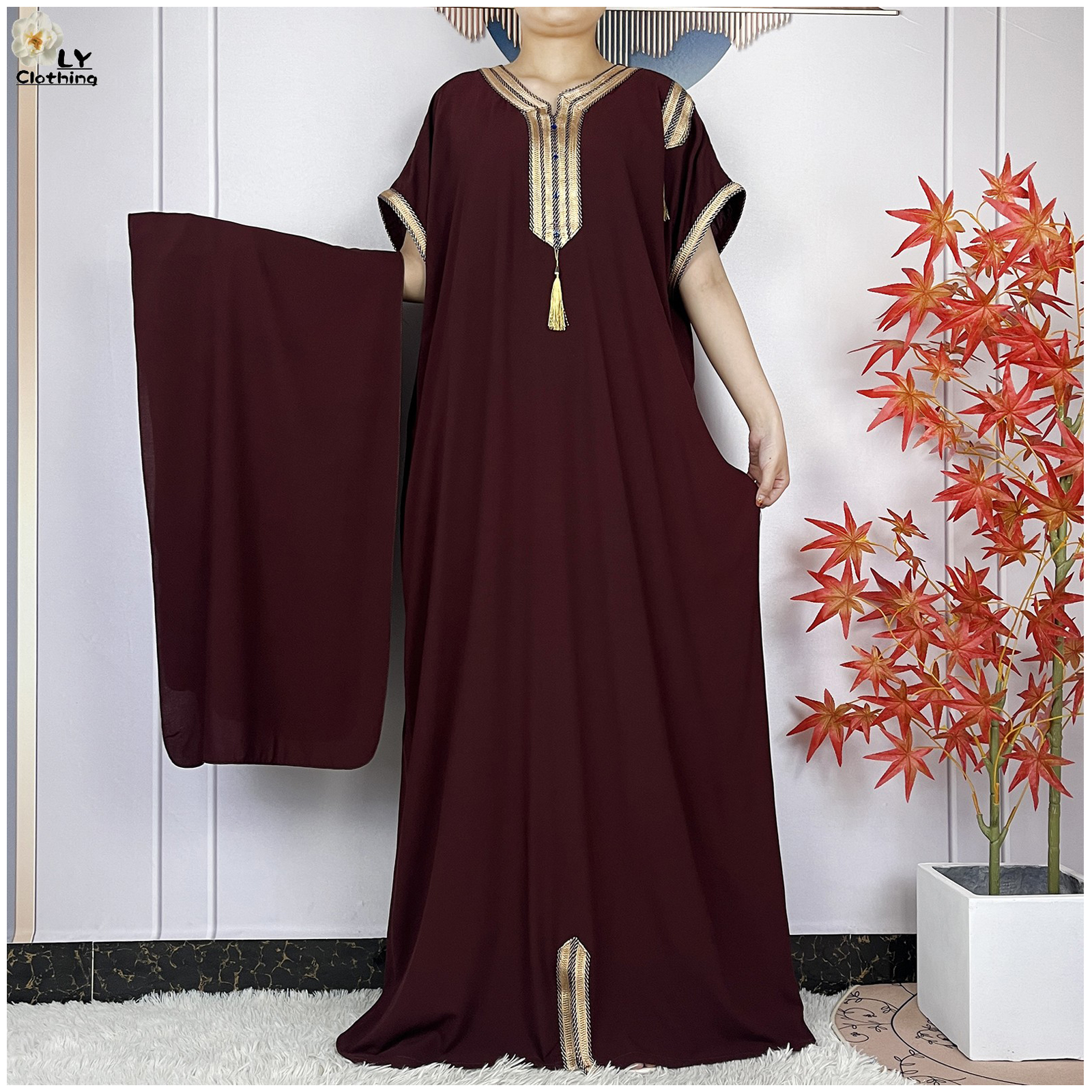 Nouveau Abayas musulman d'été à manches courtes africain Dashiki glands coton Caftan ample dame Maxi Islam robes décontractées avec foulard