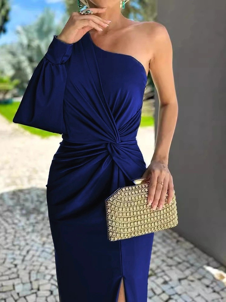 Robe élégante et Sexy à épaules dénudées pour femmes, mode col diagonale, sans manches, paquet de robes de hanche, Robe de soirée formelle