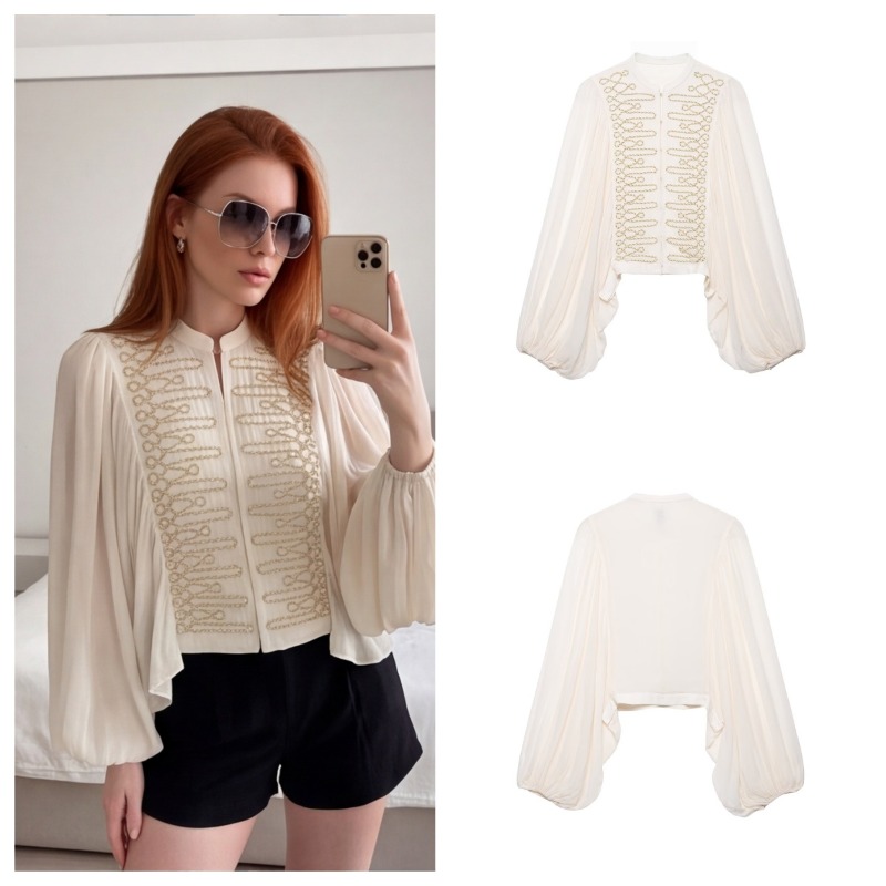 Chemise pour femmes, nouvelle collection automne, style classique et élégant, beige, manches longues avec décoration de nœud, manches bouffantes, style romantique français, légère.