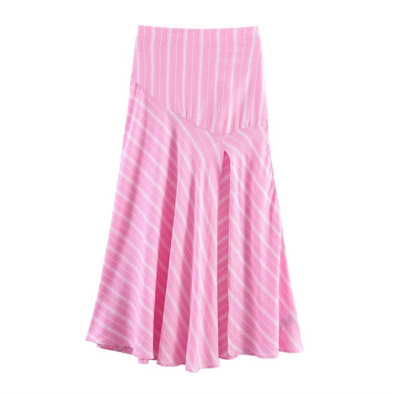 Ensemble jupe et chemise pour femme, 2 pièces, rose, chemise rayée à manches longues oversize et jupe midi plissée à fermeture éclair, tenue féminine