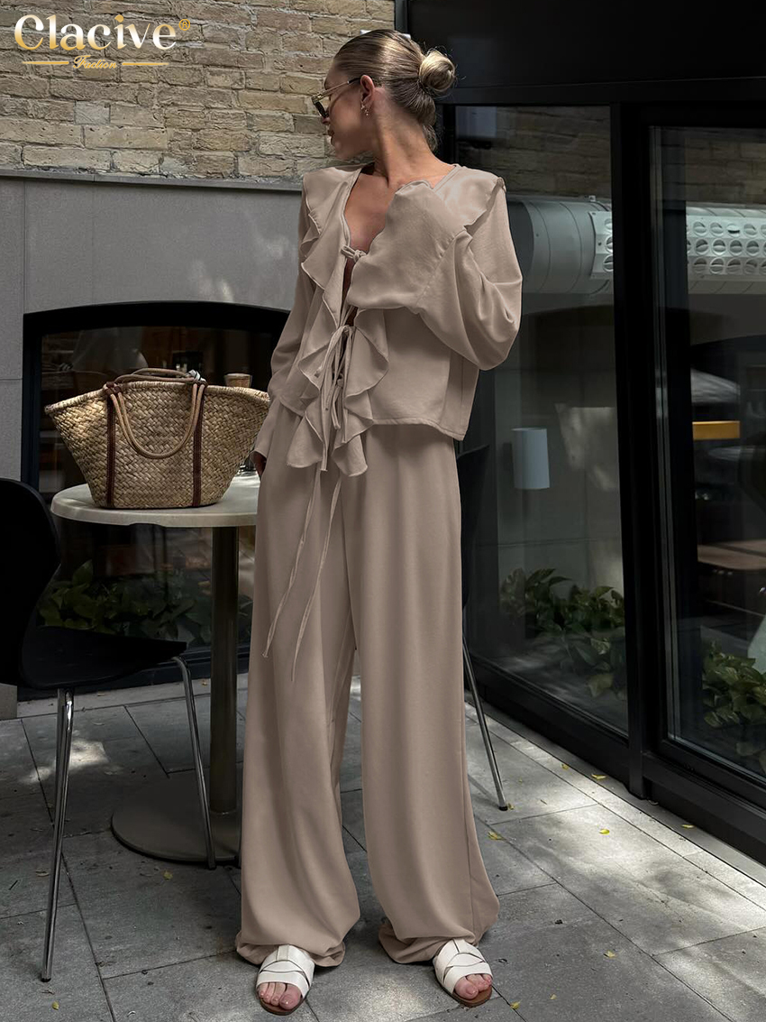 Clacive mode ample kaki deux pièces tenues femme 2025 élégant à manches longues chemise à volants avec taille haute pantalon large ensemble femme