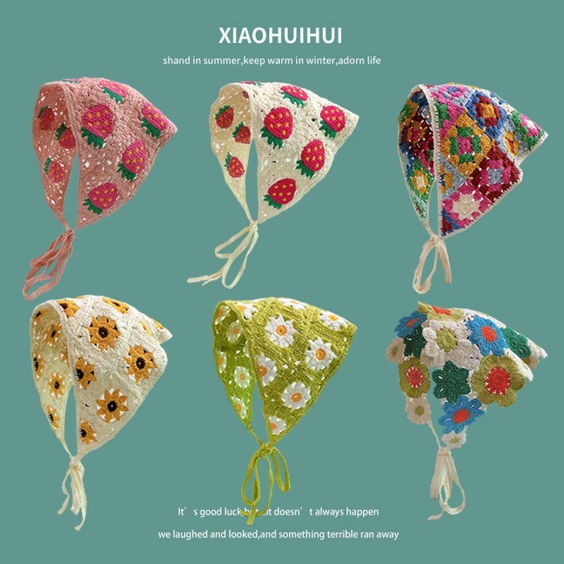 2026 Bandeau triangulaire ajouré en crochet fait main, style coréen, doux et mignon, pour femme, foulard pour cheveux, idéal pour la photographie
