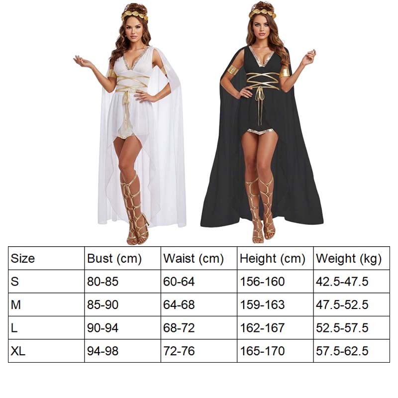 Costume de déesse grecque romaine sexy pour femmes, robe tunique blanche et noire avec cape, bordure dorée, tenues de fête d'Halloween et de carnaval