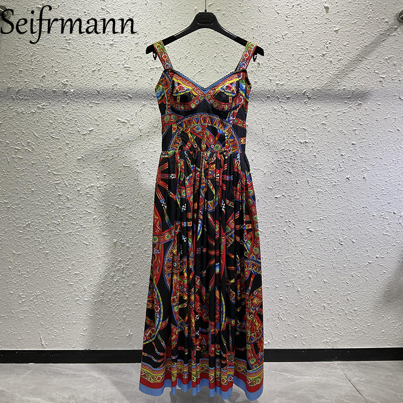 Robe longue décontractée en coton imprimé Seifrmann, col carré, sans manches, taille cintrée, nouvelle collection automne 2026 pour femme
