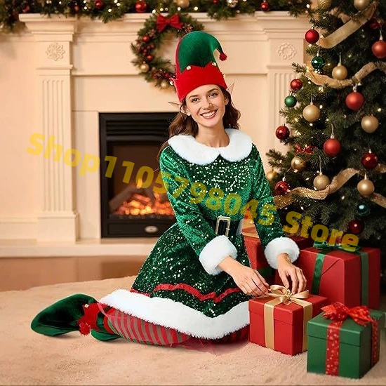 Ensemble de robe de Noël à paillettes pour femme, tenue festive verte avec chapeau, oreilles d'elfe, ceinture, chaussettes et couvre-chaussures pour fête de Noël et spectacle sur scène