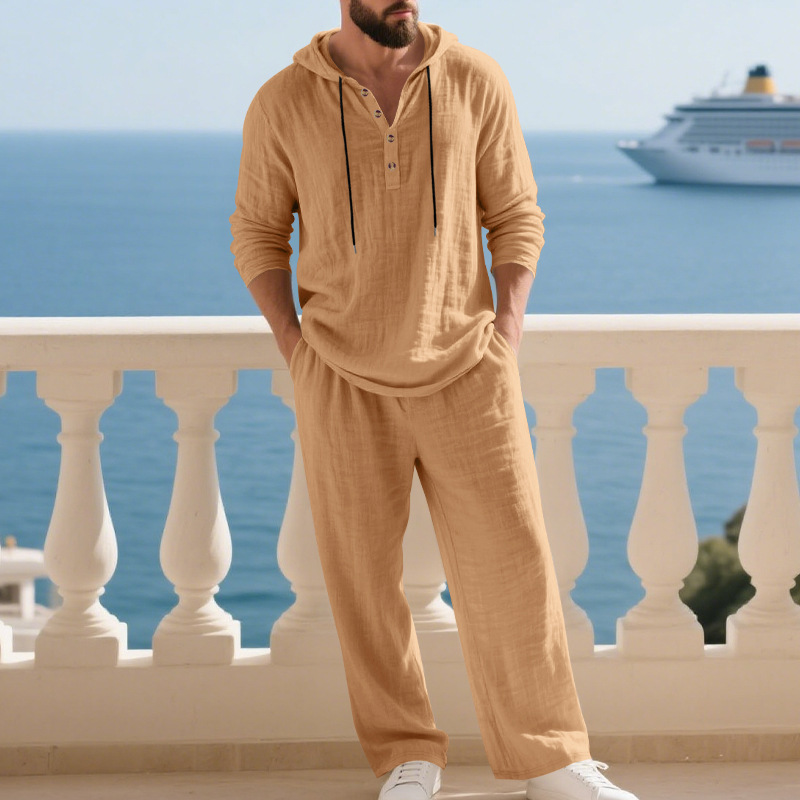 Ensemble chemise à capuche en lin et pantalon de couleur unie pour homme, style américain, printemps-automne, décontracté, confortable et respirant