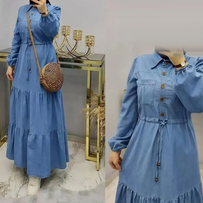 Robe Élégante en Denim à Simple Boutonnage pour Femme, Caftan Musulman à Col Rabattu, Dubaï, Turquie, Vêtements Islamiques