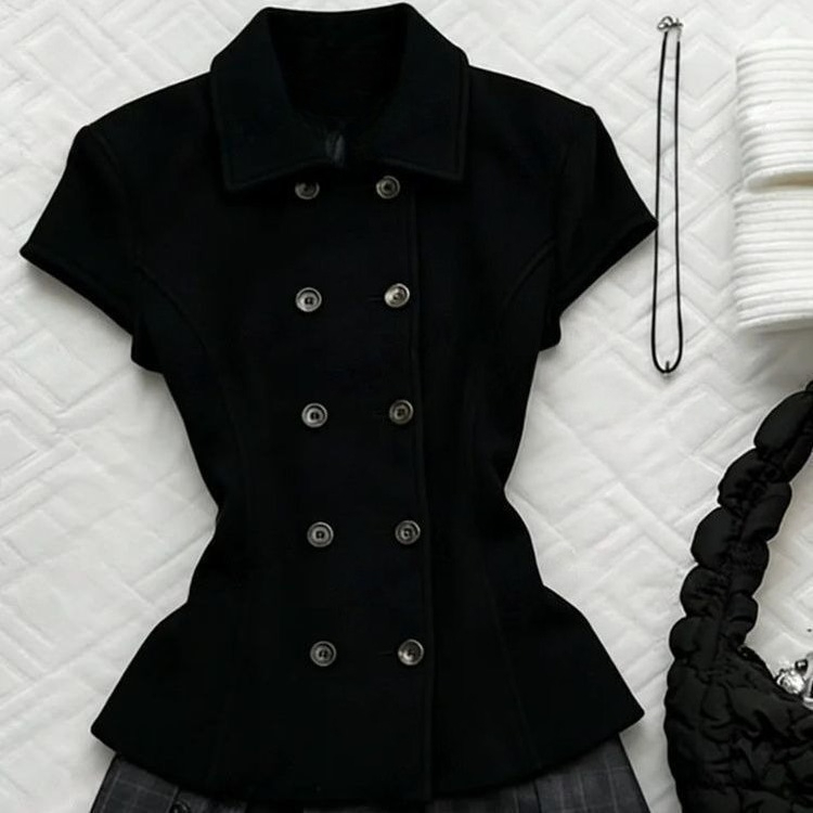 Blazer rétro coréen élégant pour femme, style preppy, à double boutonnage, manches courtes, idéal pour les fêtes, les vacances, le quotidien et le streetwear décontracté
