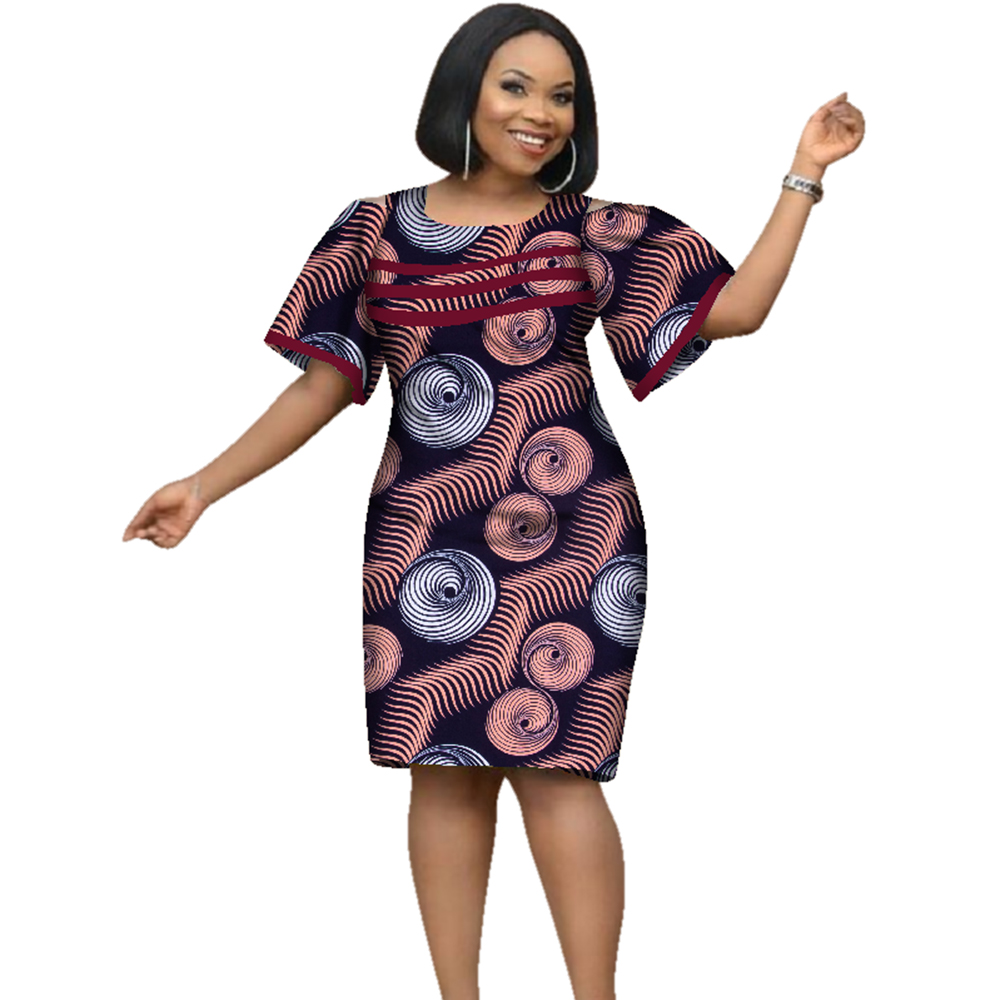 Robes africaines en coton pour femmes, imprimé Dashiki, manches courtes, col rond, robe crayon de bureau, WY2353