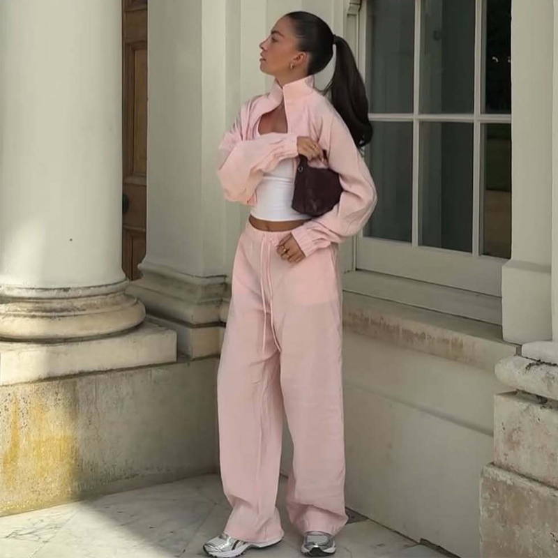 Ensemble pantalon large et veste courte plissée taille mi-haute pour femme - Tenue d'été 2 pièces