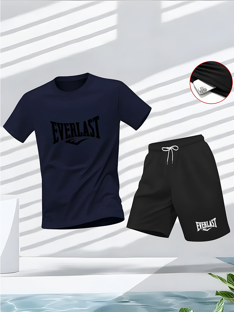 Ensemble d'été pour homme : T-shirt à col rond et manches courtes, short de cinq pouces, tendance, décontracté, fitness et amincissant, ensemble deux pièces pour l'extérieur