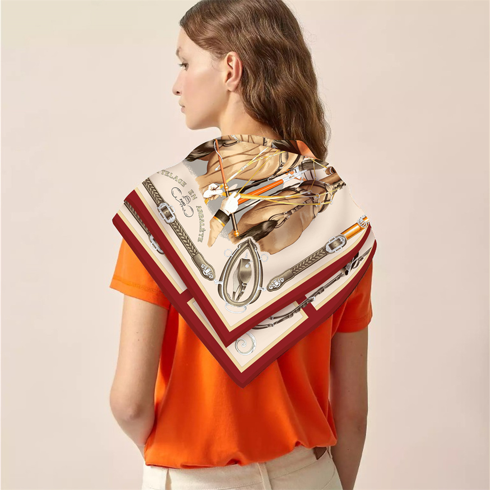 Foulard en soie femmes cheval imprimé foulards carrés tête Echarpes Foulards en soie Femme enveloppes châles de plage Bandana dame Hijabs 90CM