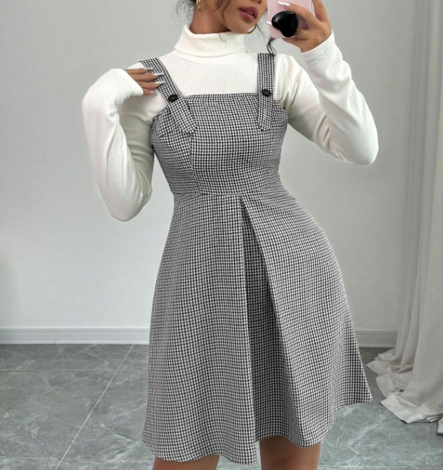 Robe salopette vintage pied-de-poule pour femme, taille haute, coupe trapèze, mini-robe sans manches avec bretelles boutonnées réglables