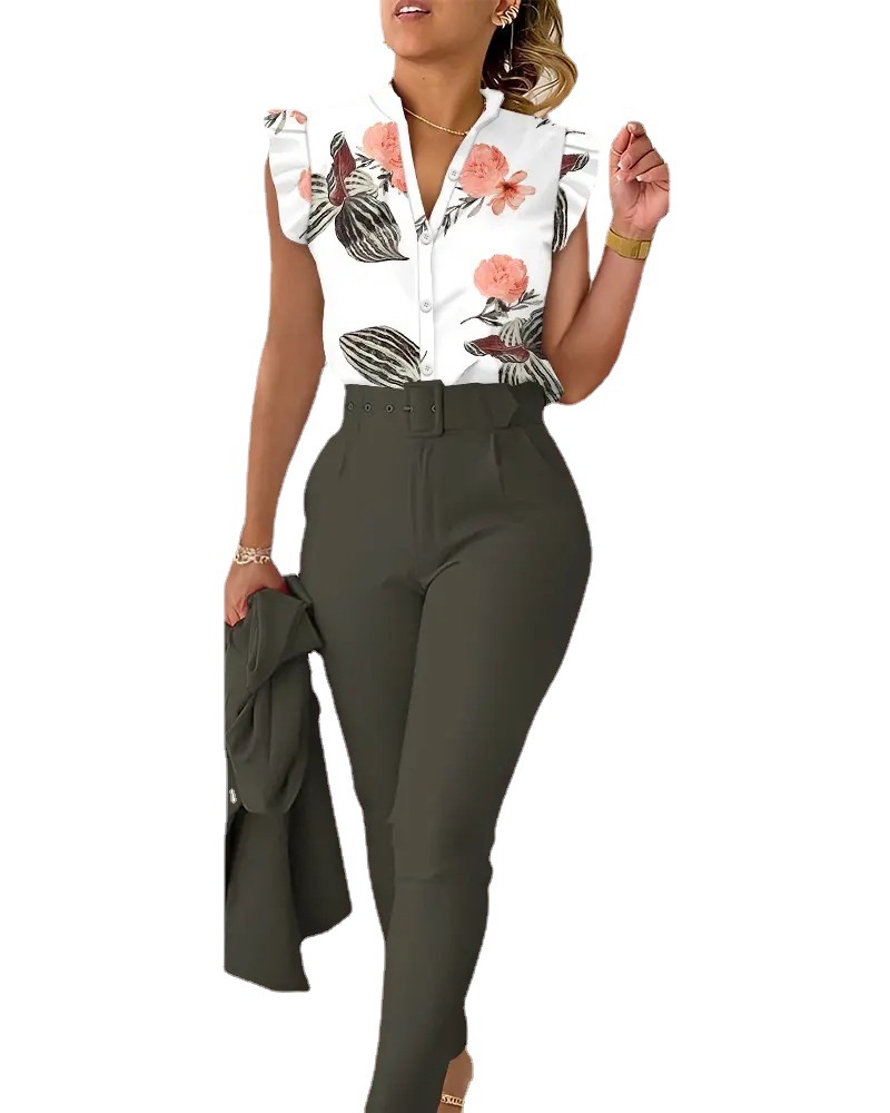 Été femmes africaines à manches courtes col en v Polyester 2 pièces haut pantalon Long impression ensembles assortis Dashiki vêtements africains
