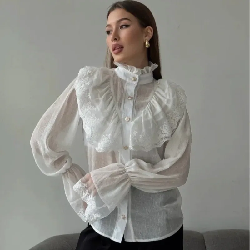 Chemise femme 2025 automne nouveau Style palais français col féerique en mousseline de soie à volants dame à manches longues haut blanc