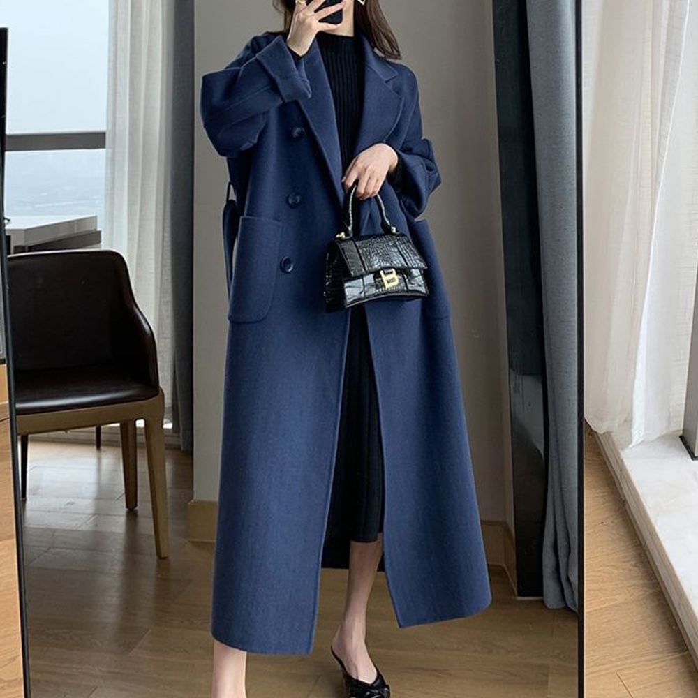 Automne hiver 2025 manteau femmes Chic décent couleur unie Double boutonnage à manches longues revers Long bureau dame manteau pour les femmes