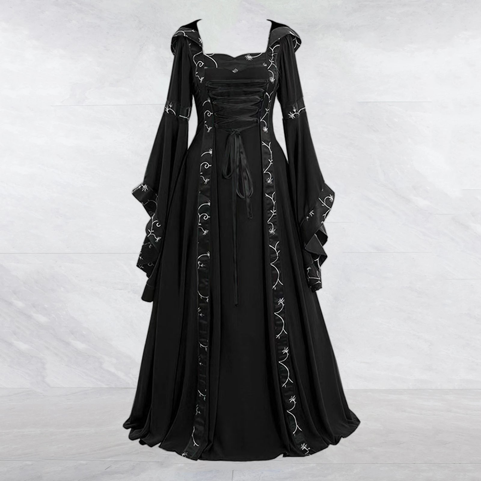 Robe de cosplay gothique médiévale vintage pour femmes, robe de longueur au sol, costume d'Halloween, cour victorienne, manches évasées bandage