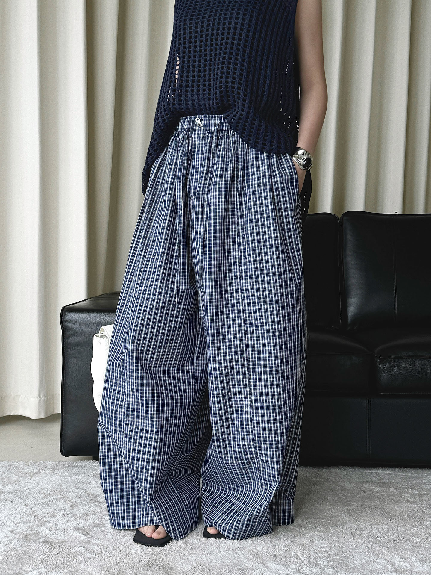 Pantalon décontracté à carreaux de style japonais pour femmes, avec cordon élastique, nouvelle collection d'été