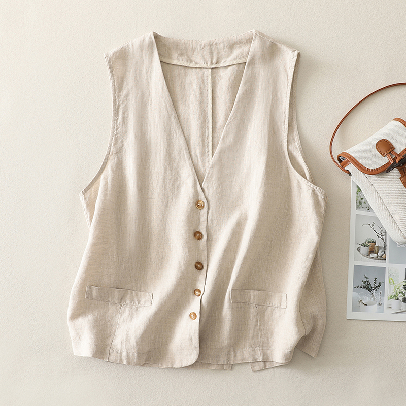 Gilet en coton et lin pour femmes, été, kaki, noir, beige, avec fente, basique, uni, élégant, col en V, sans manches, veste, cardigan, haut