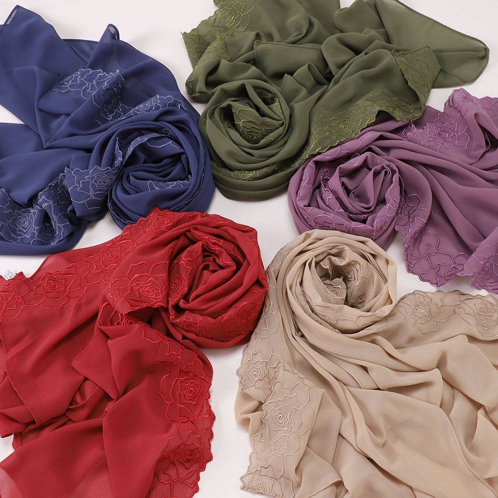 Nouveau hijab en mousseline brodé de roses florales, foulard musulman pour femmes, couvre-chef malaisien, luxe islamique, Ramadan, Eid, 70×180CM