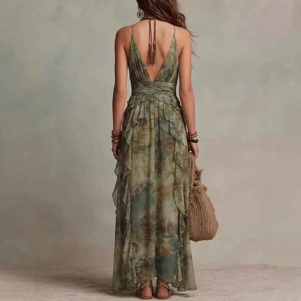 Robe longue d'été fluide pour femme, style bohème vintage imprimé, à bretelles spaghetti, décolleté en V profond, taille à volants, dos découpé