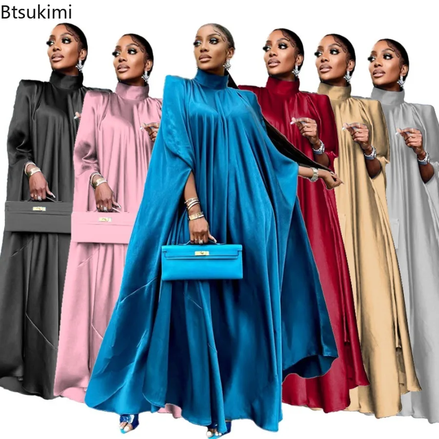 Abaya-Robe de soirée en satin uni pour femmes, robe musulmane de luxe, robe indienne de Dubaï, pull élégant à col haut, robes de soirée