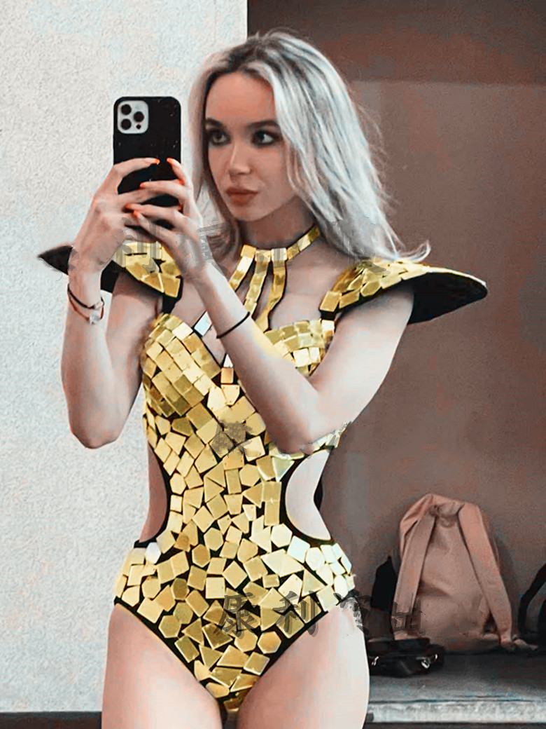 Costume de batterie miroir pour femme, costume de danse, or, argent, paillettes, mouche initiée, tenue de rave évidée, vêtements de performance sur scène, GKnitting Show
