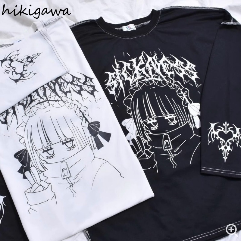 Streetwear T-shirts Femmes Vêtements Imprimé Manches Longues T-shirts Décontracté Mode Japonais Camisetas Dessin Animé Y2k Hauts T-shirts Surdimensionnés