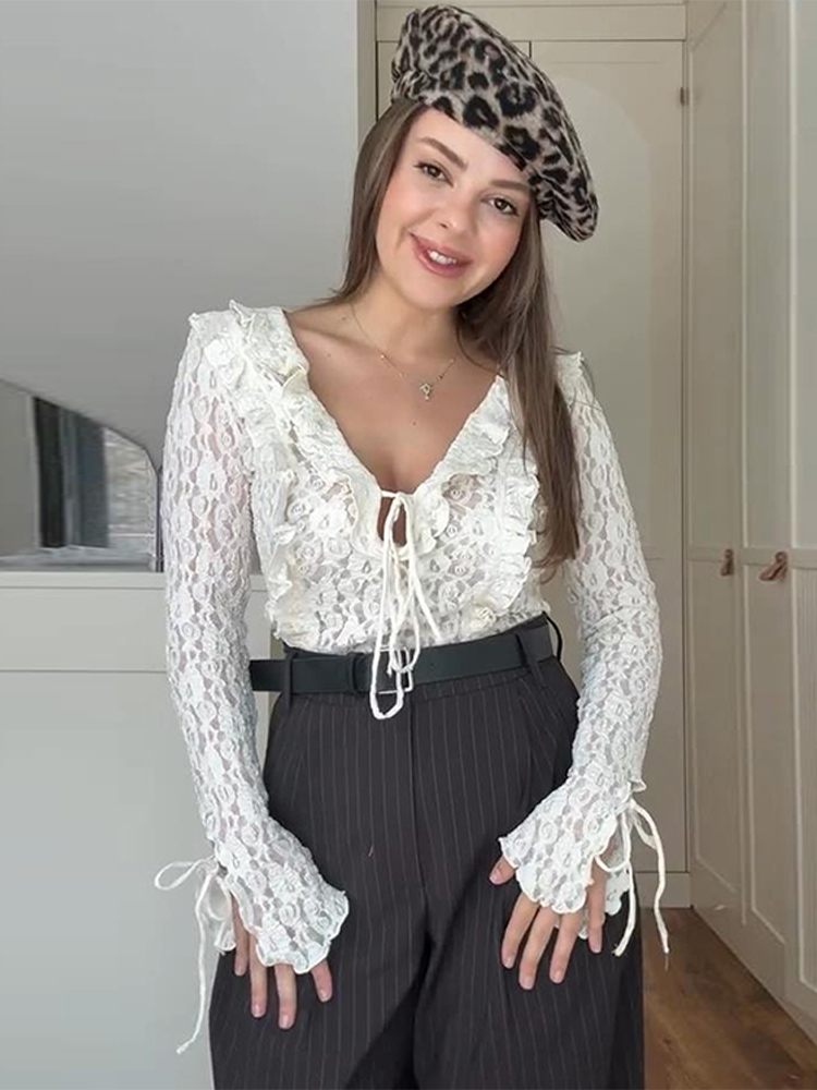 Dentelle à volants femmes petit haut plissé couches à lacets nœud col en v à manches longues maille voir à travers élégant Baggy court Blouse pull