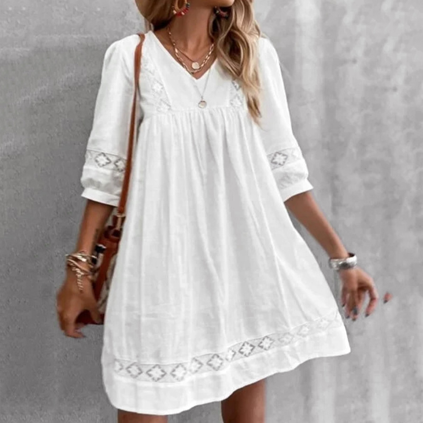 Robe Boho pour femmes, décontractée, en dentelle, col en V, manches courtes, robe de plage, balançoire, mode, Slim, grande taille, été