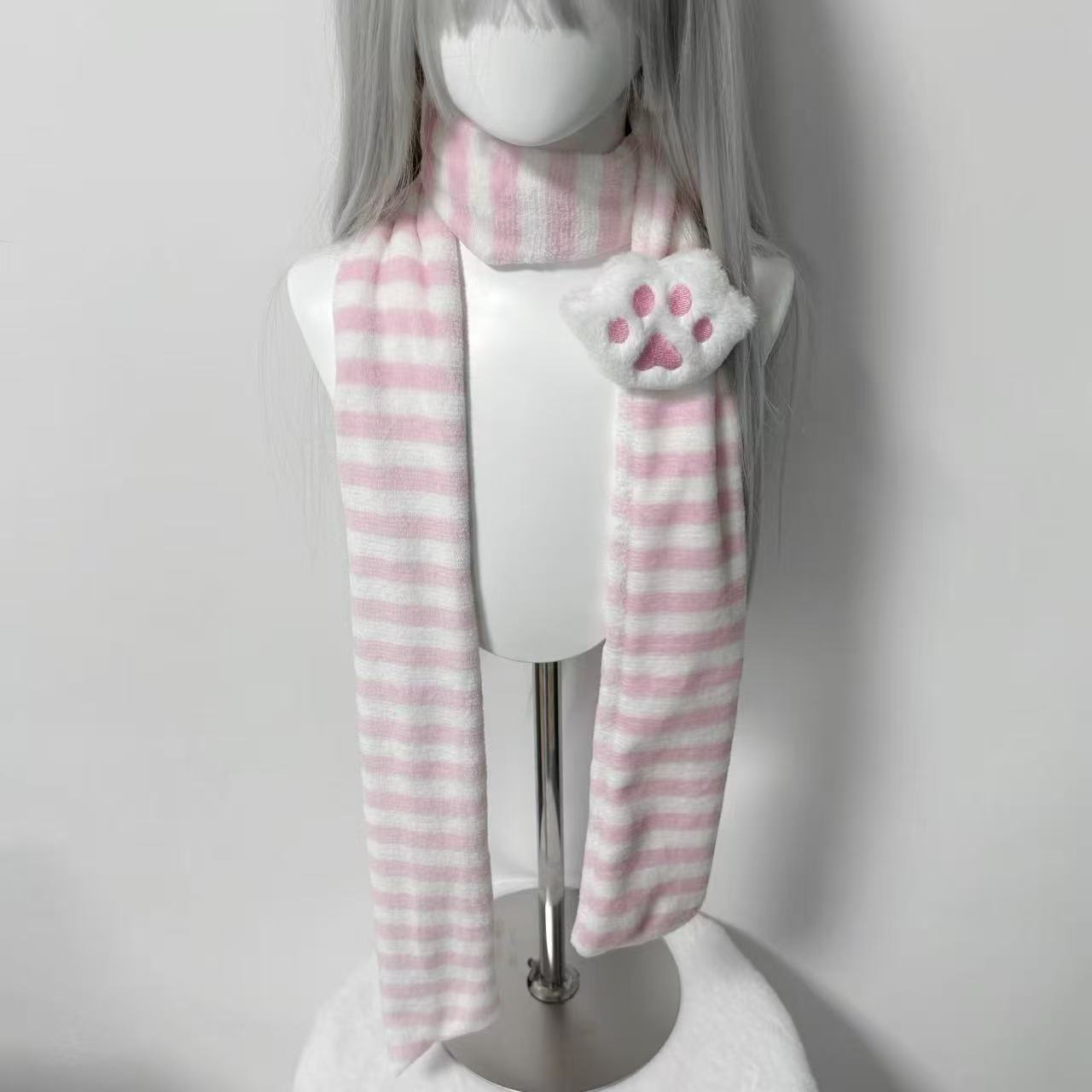 Écharpe Kawaii à motif patte de chat, rayée, style Y2K, pour l'automne et l'hiver, mignonne et chaude, accessoires de subculture