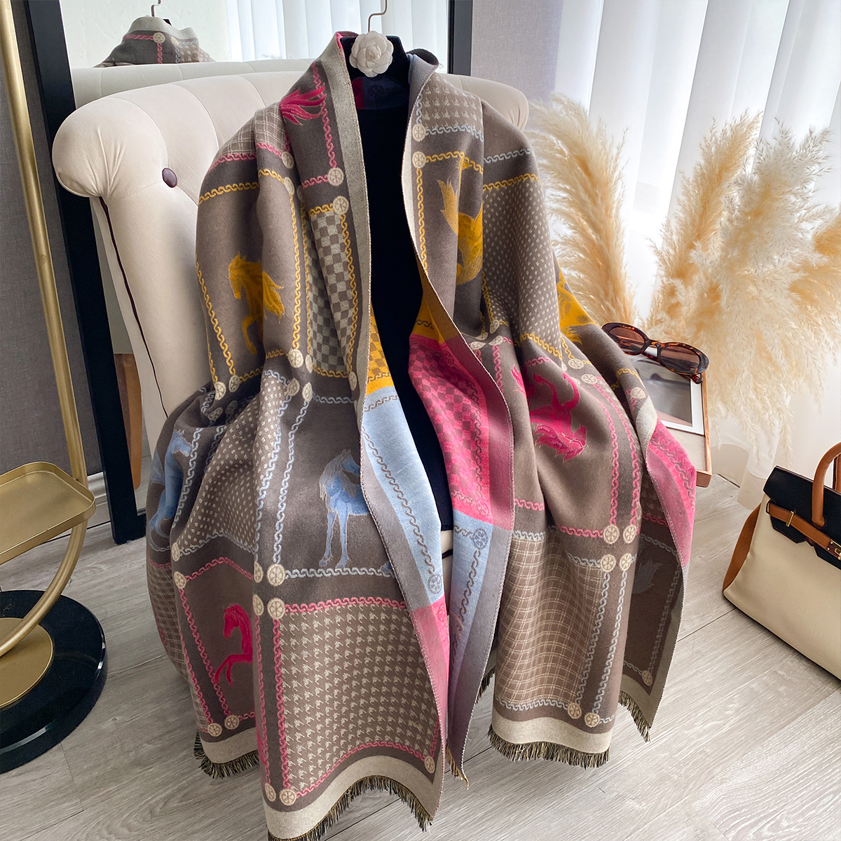 Écharpe imprimée cheval double face en Imitation cachemire pour femme, châle Pashmina doux et chaud, couverture coupe-vent résistante au froid, nouvelle collection automne hiver