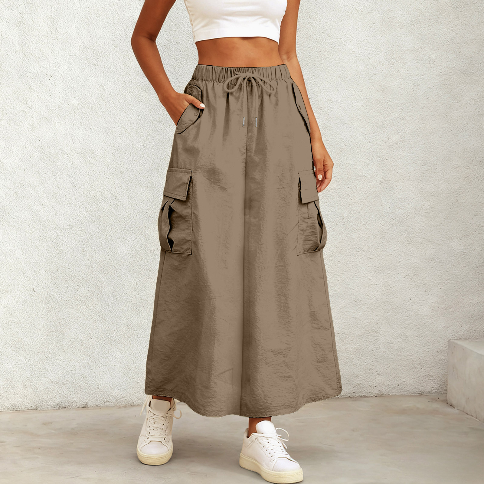 Femmes longues jupes Maxi américain rétro poches Cargo jupes taille haute avec ceintures élastiques solide Streetwear jupes pour les femmes