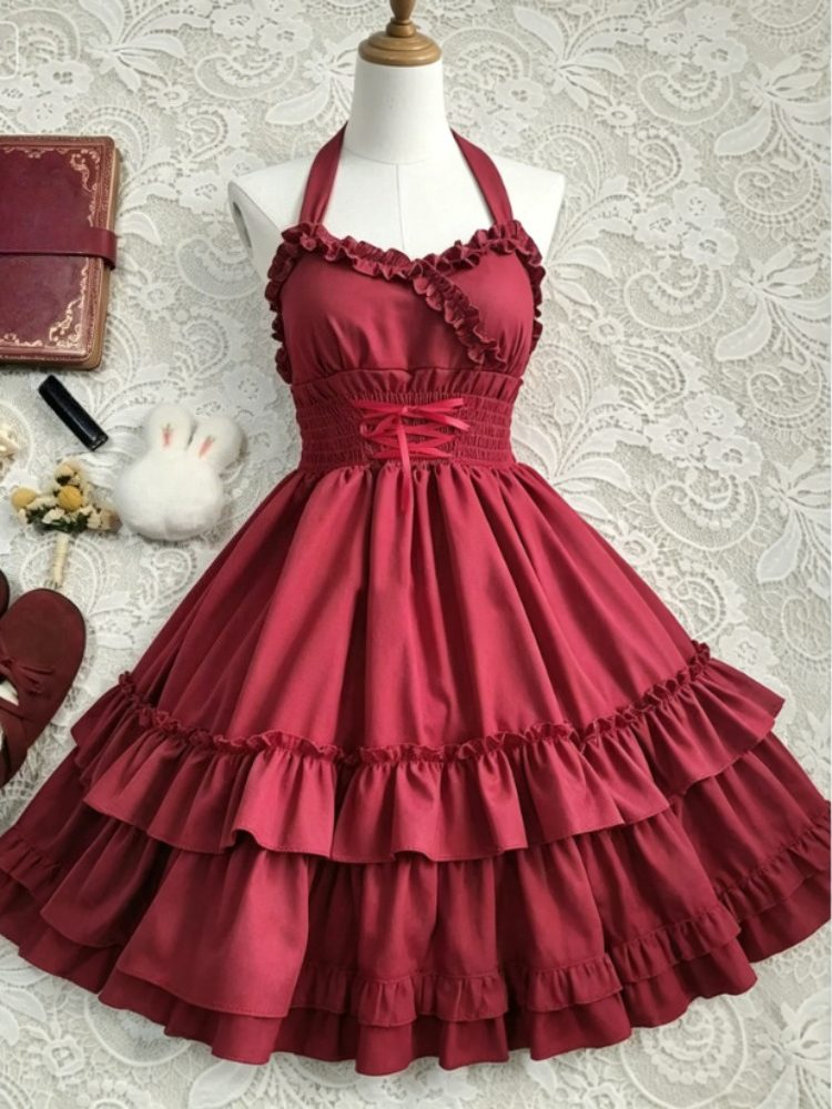 Robe mini sans manches en dentelle rouge bordeaux vintage pour femme, col nœud, taille haute, jupe à volants, élégante, style gothique lolita, pour fêtes