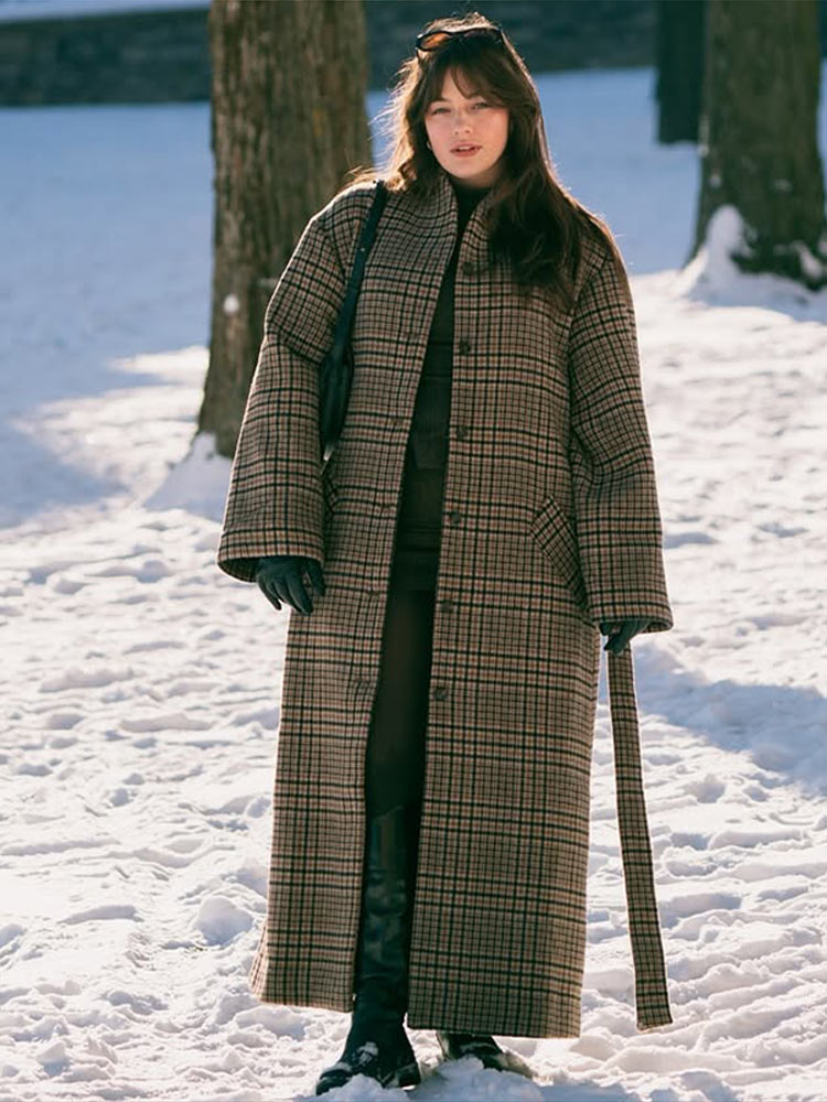 Manteaux longs en Patchwork à carreaux pour femmes, col montant, ceinture à nouer, vestes à simple boutonnage, vêtements d'extérieur pour dames, nouvelle collection automne hiver 2025