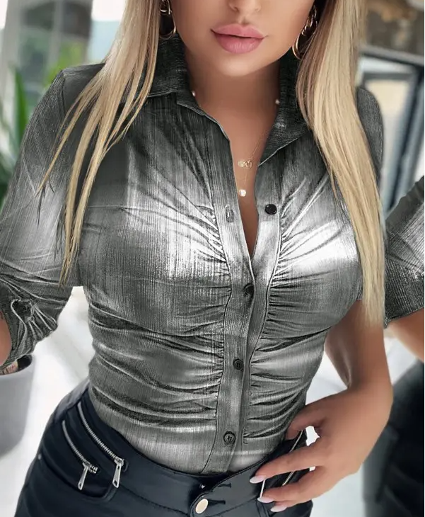 Chemise décontractée à manches longues et boutons sur le devant pour femmes, avec col à revers froncé, confortable et élégante