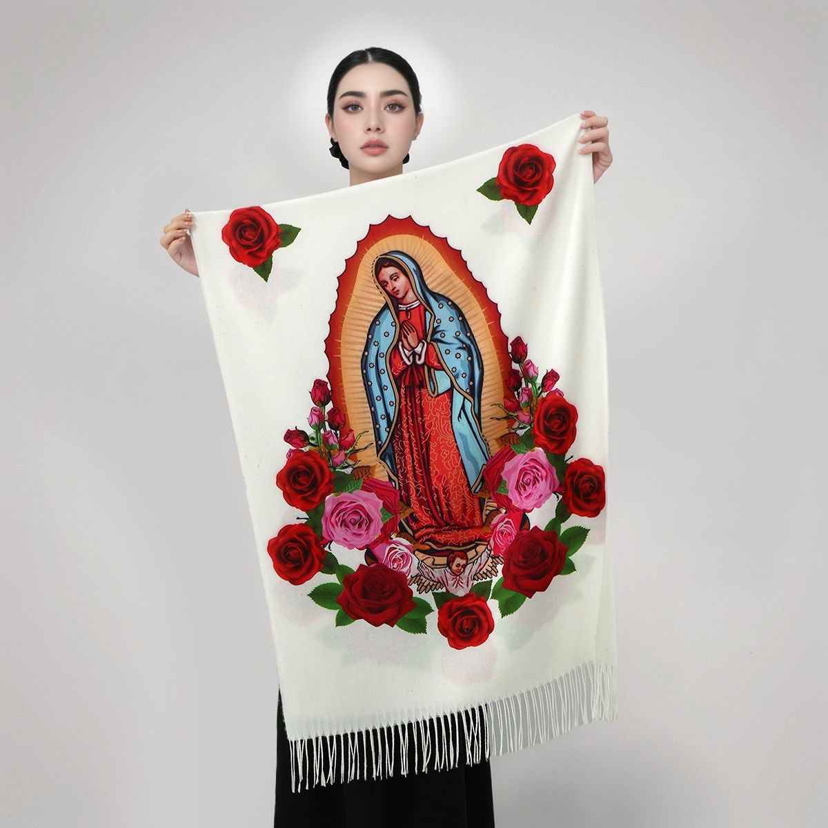 Écharpe imprimée personnalisée de la vierge marie de Guadalupe pour hommes et femmes, écharpe chaude d'hiver et d'automne, châle Saint catholique du mexique, avec pompons