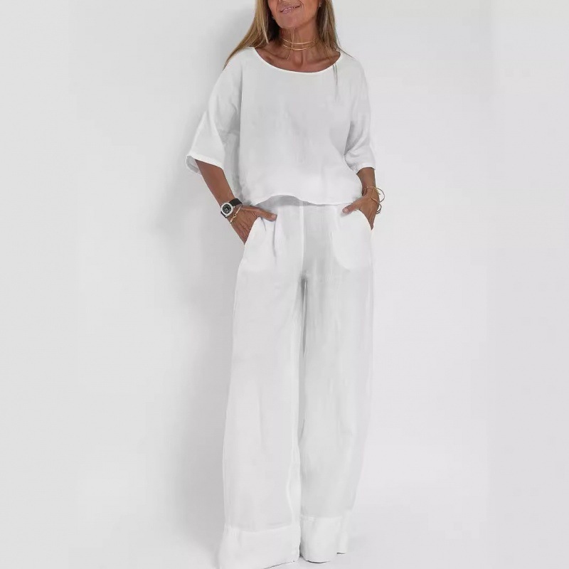 Ensembles 2 pièces pour femmes – Nouveauté été 2026 – Tenue décontractée ample unie avec haut à manches courtes et pantalon en coton et lin – Vêtements pour femmes
