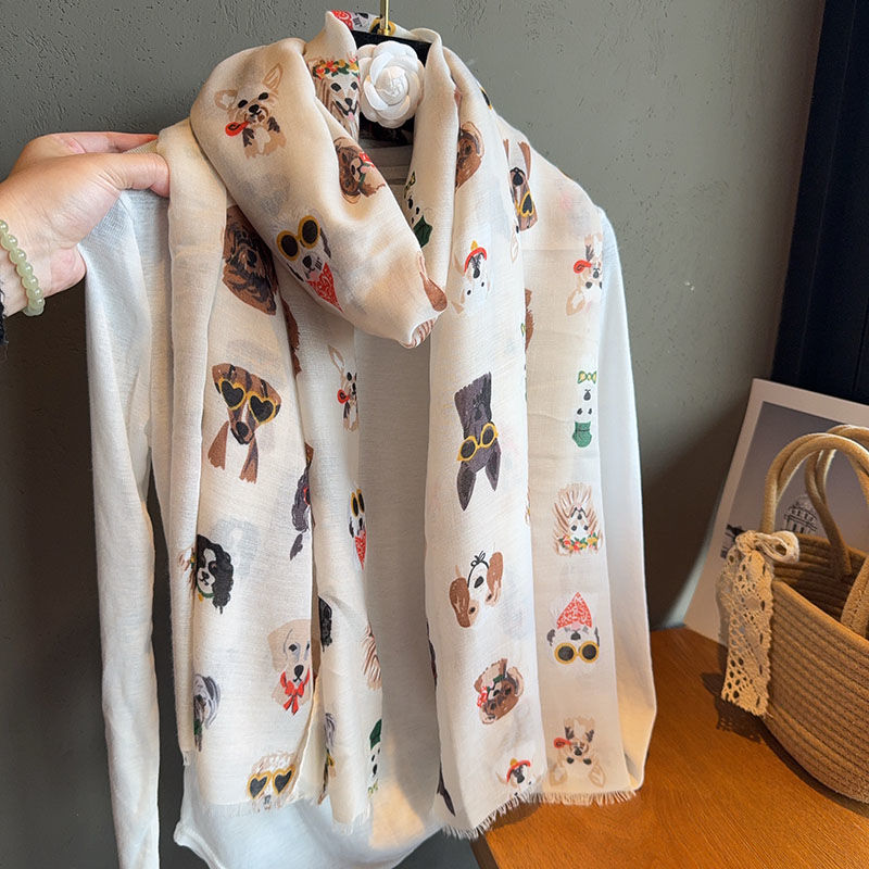 Écharpe élégante imprimée chien avec lunettes à la mode, en coton Viscose léger, respirante et coupe-vent pour les voyages printemps/automne