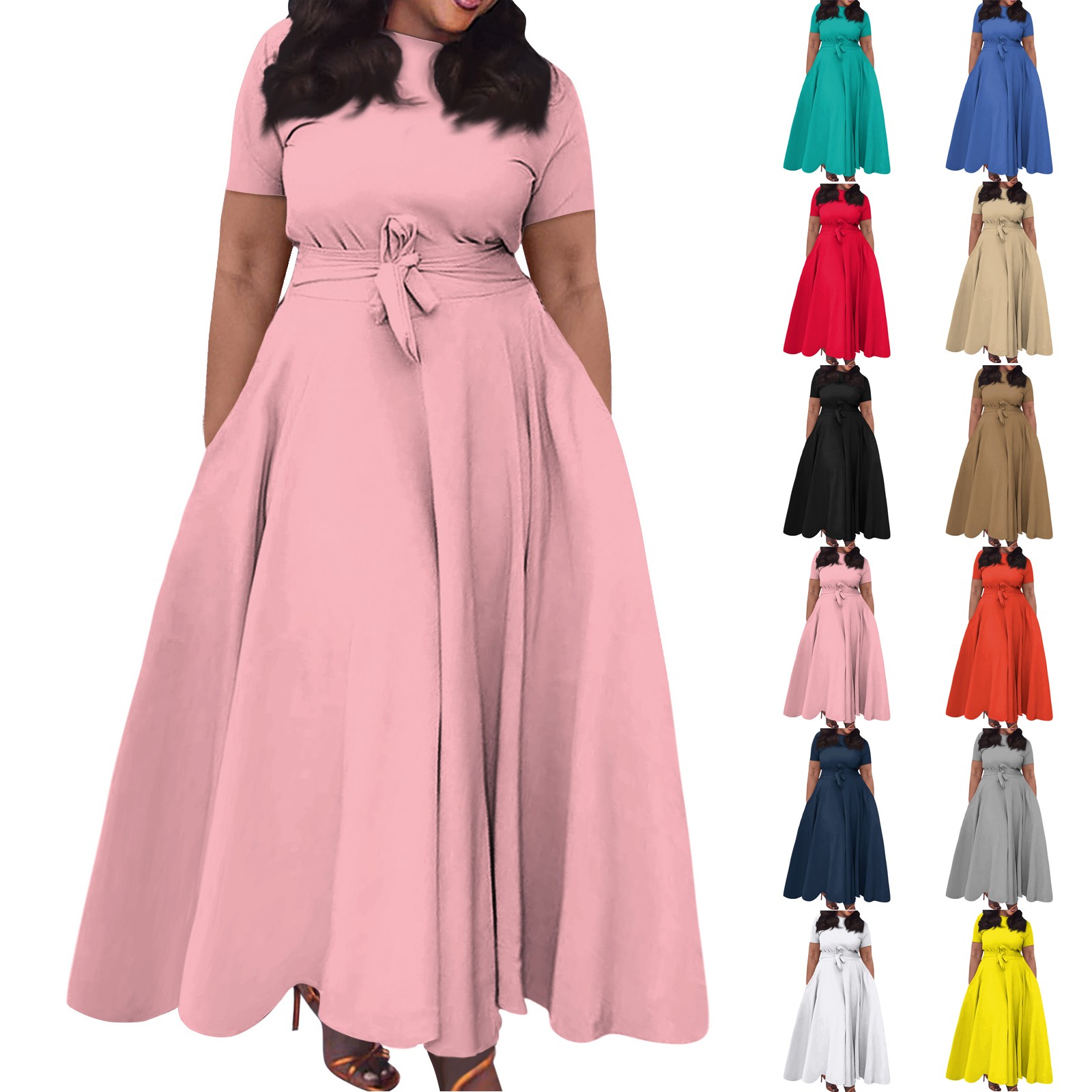 Robe longue décontractée pour femmes, grande taille, sexy, couleur unie, col rond, manches courtes, poche, bretelles, balançoire, elbise