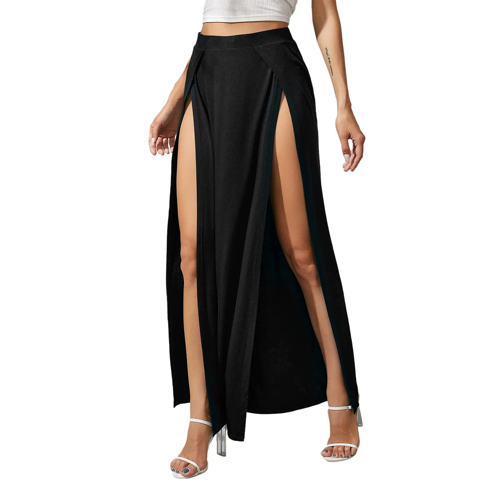 Combhasaki femmes été Boho maillots de bain élastique taille haute couleur unie côté haute fente coupe ample Absorption de la sueur jupes longues