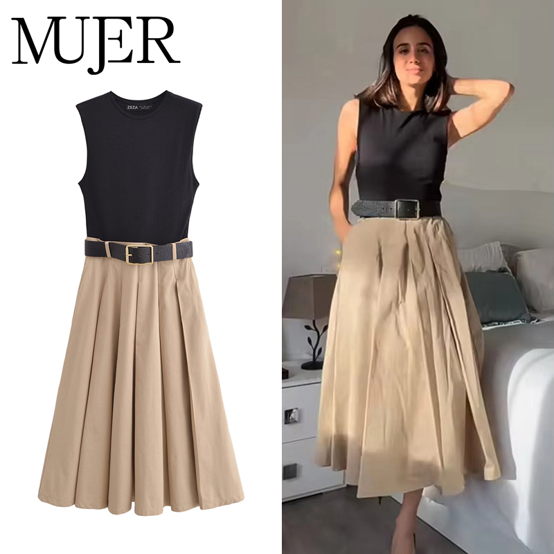 MUJER 2025 femme robes ceinture plissée robe mi-longue femmes sans manches robe d'été femme tricoté robes de soirée pour les femmes robe d'été