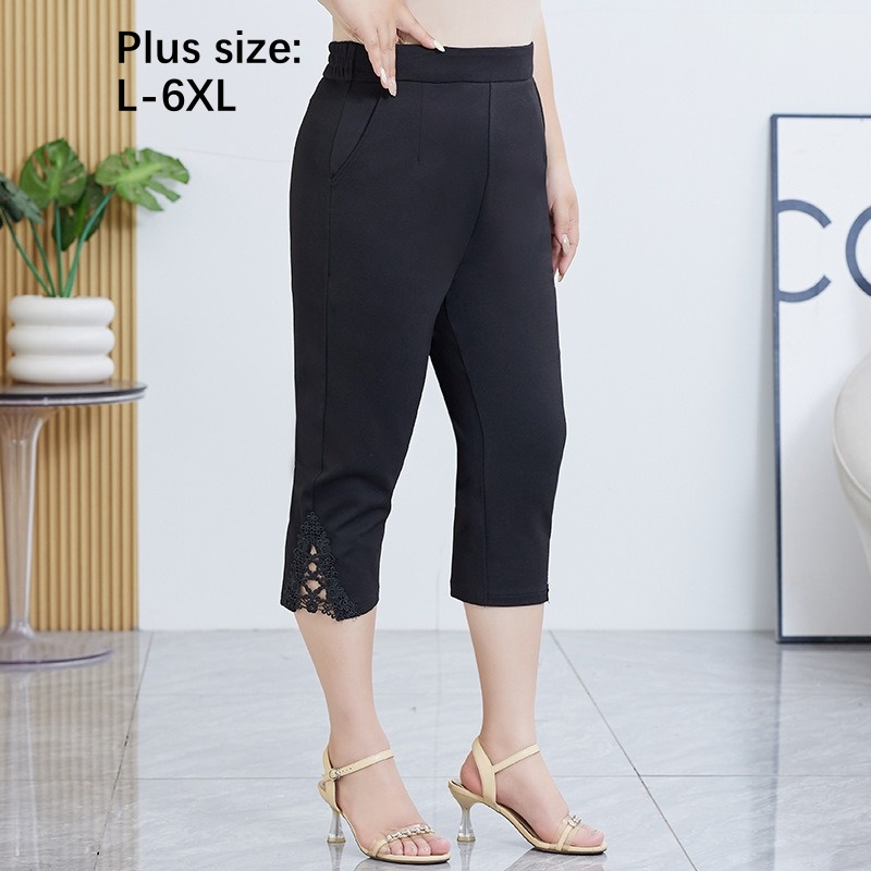 Pantalon d'été noir pour femme, grande taille 5XL 6XL, court, extensible, taille haute, respirant, 100 kg