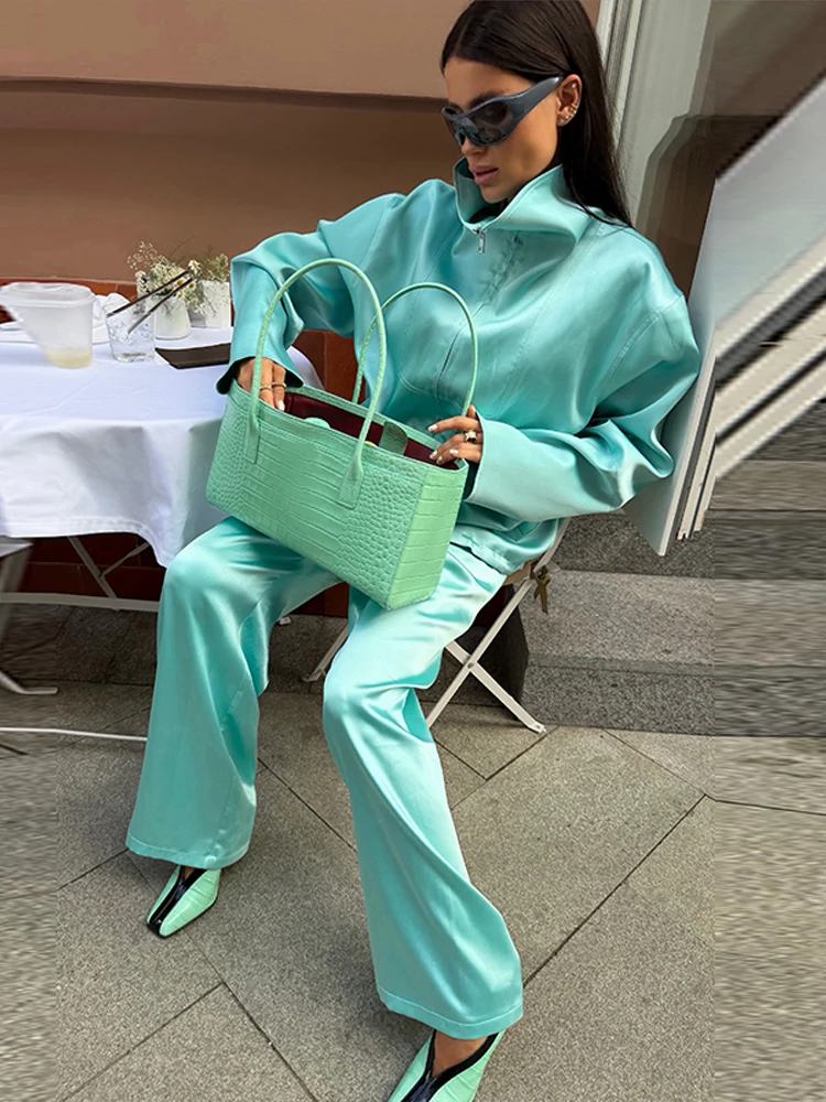 Ensemble décontracté pour femme : veste à fermeture éclair à manches longues et col montant, pantalon droit ample – Collection Automne 2026